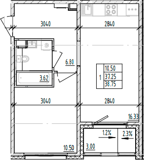 Планировка — ЛесART, 1-комн., 37 м²