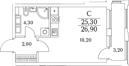 Планировка — Тайм Сквер, Студия, 26 м²