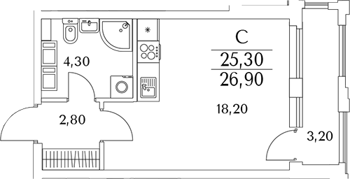 Планировка — Тайм Сквер, Студия, 26 м²