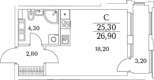 Планировка — Тайм Сквер, Студия, 26 м²