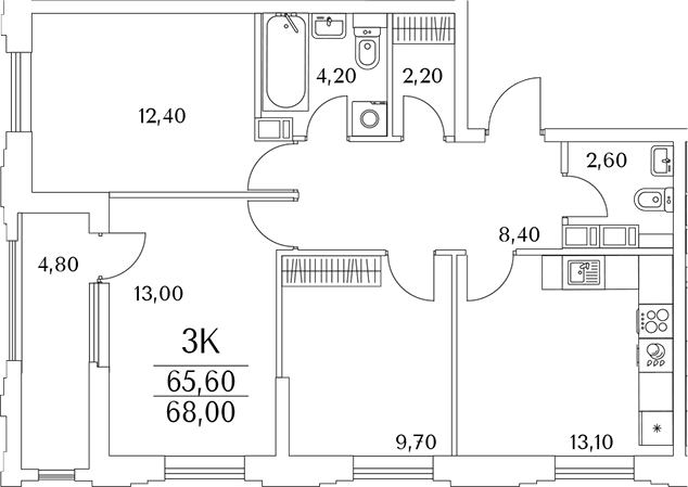Планировка — Тайм Сквер, 3-комн., 66 м²