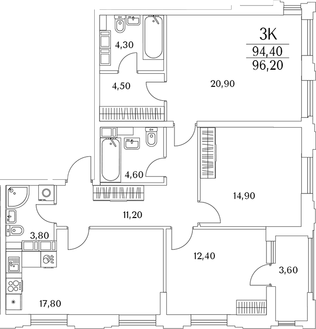 Планировка — Тайм Сквер, 4-комн., 95 м²