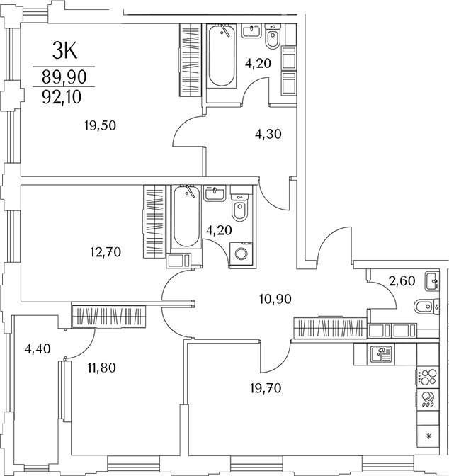 Планировка — Тайм Сквер, 3-комн., 91 м²