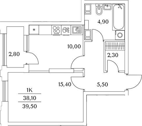 Планировка — Тайм Сквер, 1-комн., 39 м²