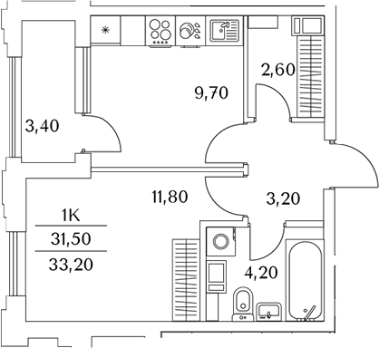 Планировка — Тайм Сквер, 1-комн., 31 м²