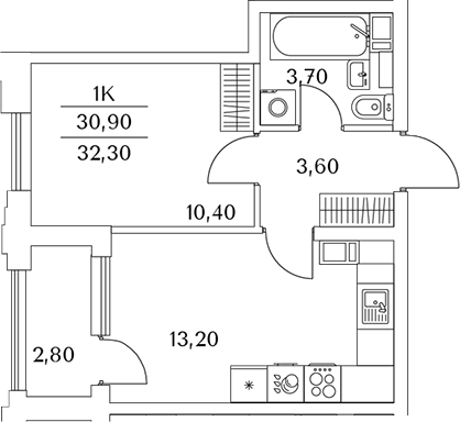 Планировка — Тайм Сквер, 1-комн., 31 м²