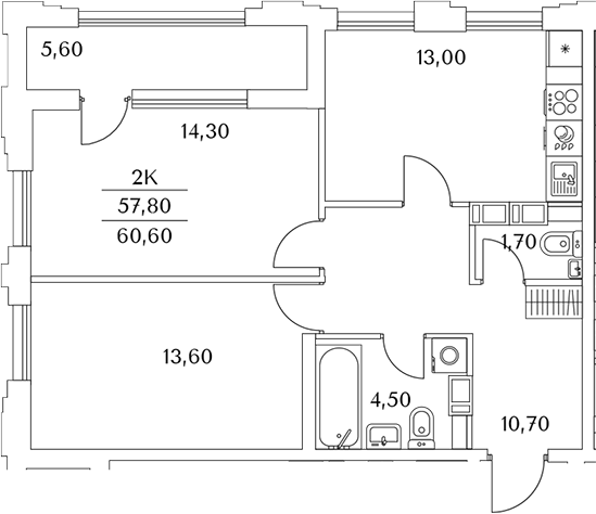 Планировка — Тайм Сквер, 2-комн., 58 м²