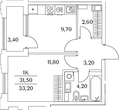 Планировка — Тайм Сквер, 1-комн., 31 м²