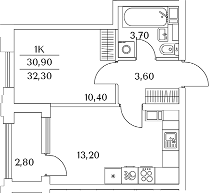 Планировка — Тайм Сквер, 1-комн., 31 м²