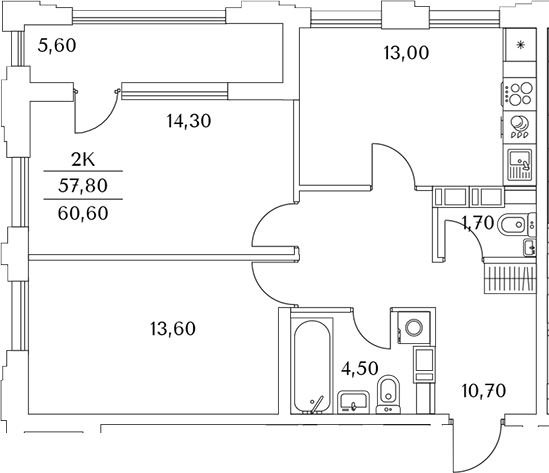 Планировка — Тайм Сквер, 2-комн., 58 м²