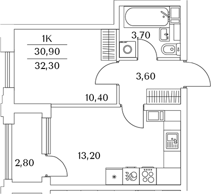 Планировка — Тайм Сквер, 1-комн., 31 м²