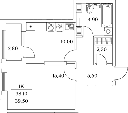Планировка — Тайм Сквер, 1-комн., 39 м²