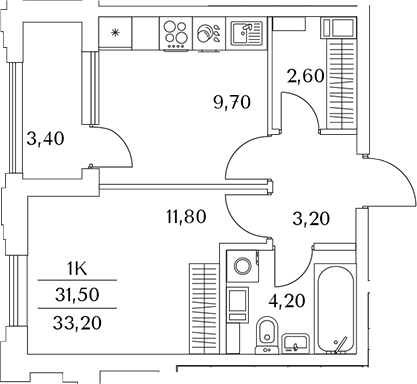 Планировка — Тайм Сквер, 1-комн., 32 м²
