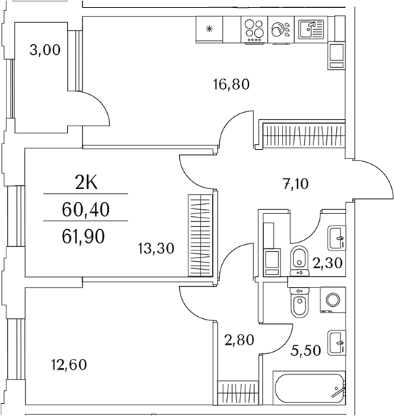 Планировка — Тайм Сквер, 3-комн., 61 м²