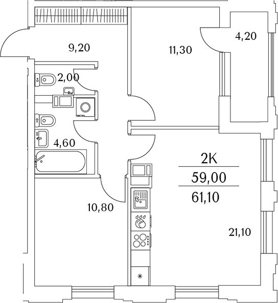 Планировка — Тайм Сквер, 3-комн., 59 м²