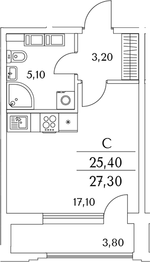 Планировка — Тайм Сквер, Студия, 25 м²