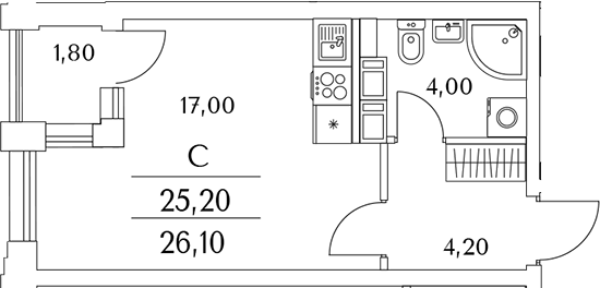 Планировка — Тайм Сквер, Студия, 26 м²