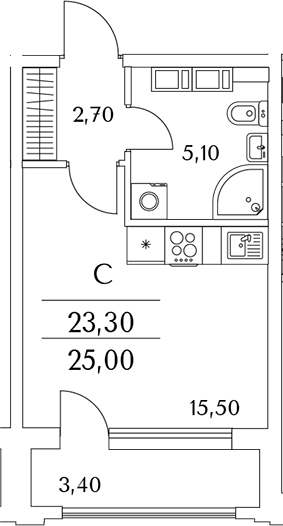 Планировка — Тайм Сквер, Студия, 23 м²
