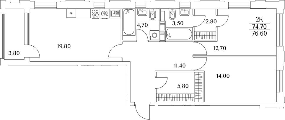 Планировка — Тайм Сквер, 3-комн., 75 м²