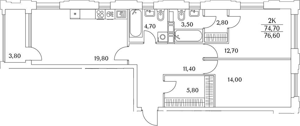 Планировка — Тайм Сквер, 3-комн., 75 м²