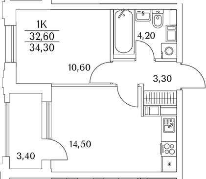 Планировка — Тайм Сквер, 1-комн., 33 м²