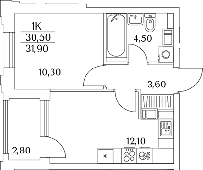 Планировка — Тайм Сквер, 1-комн., 31 м²