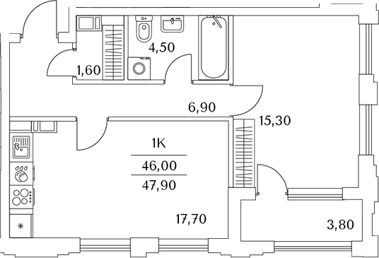 Планировка — Тайм Сквер, 2-комн., 46 м²