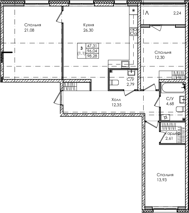 Планировка — Лисино, 4-комн., 96 м²