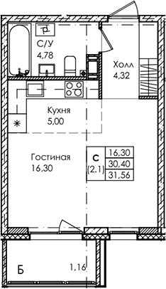Планировка — Лисино, Студия, 30 м²
