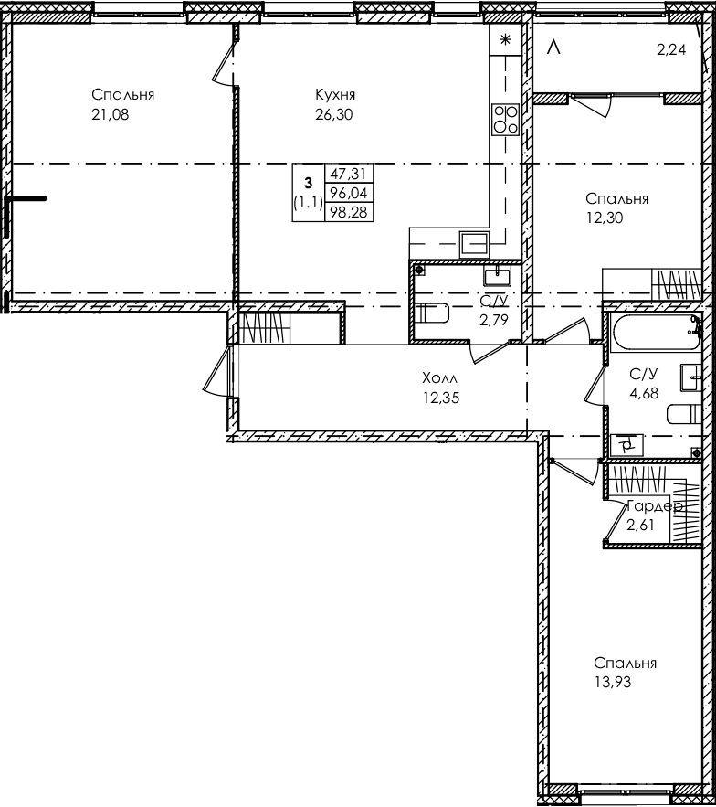 Планировка — Лисино, 4-комн., 96 м²