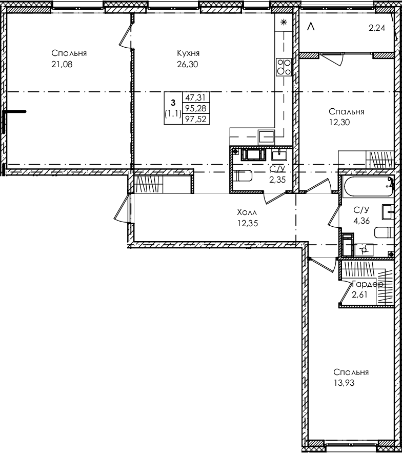 Планировка — Лисино, 4-комн., 95 м²