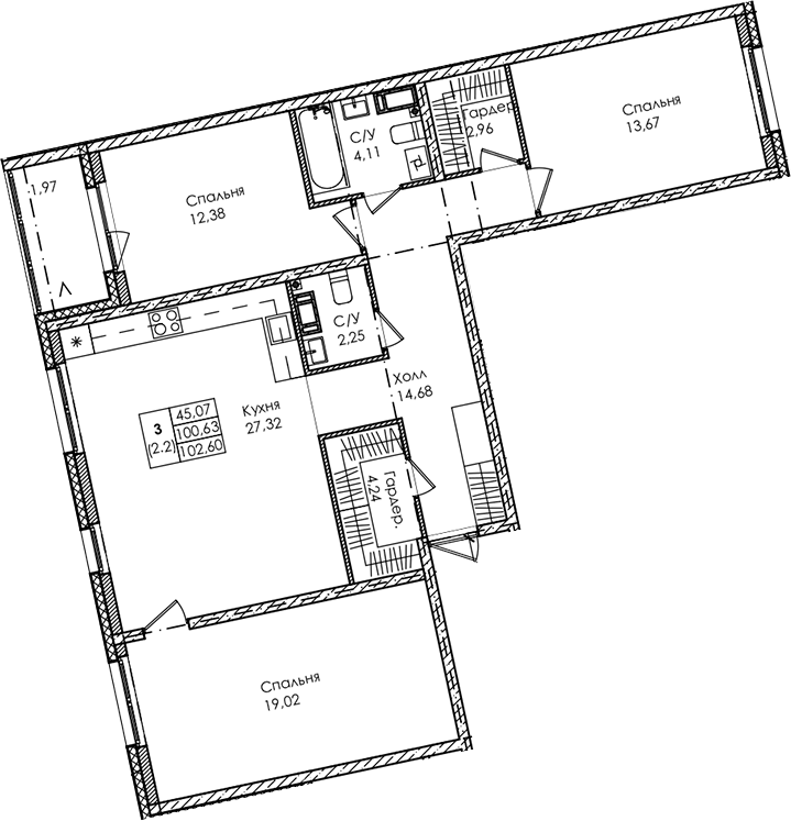 Планировка — Лисино, 4-комн., 101 м²
