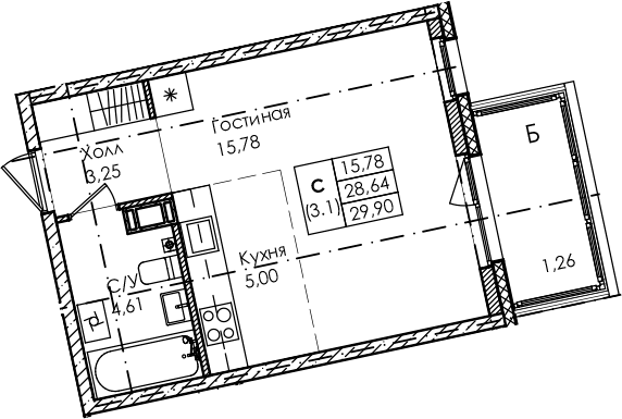 Планировка — Лисино, Студия, 29 м²