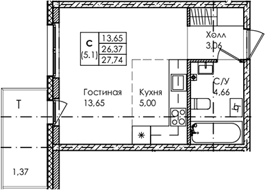Планировка — Лисино, Студия, 26 м²