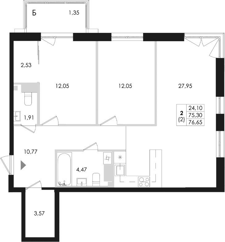 Планировка — Лисино, 3-комн., 75 м²