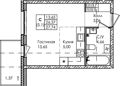 Планировка — Лисино, Студия, 26 м²