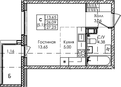 Планировка — Лисино, Студия, 26 м²