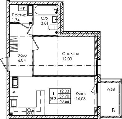Планировка — Лисино, 2-комн., 40 м²