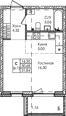 Планировка — Лисино, Студия, 31 м²