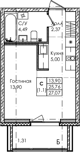 Планировка — Лисино, Студия, 26 м²