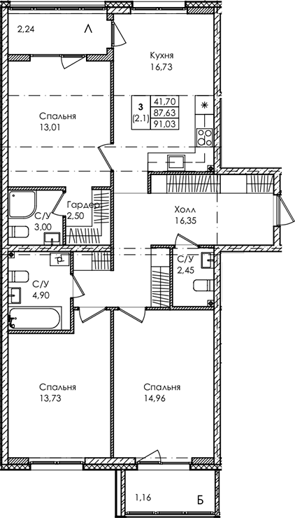Планировка — Лисино, 4-комн., 88 м²