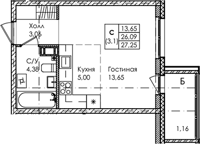 Планировка — Лисино, Студия, 26 м²