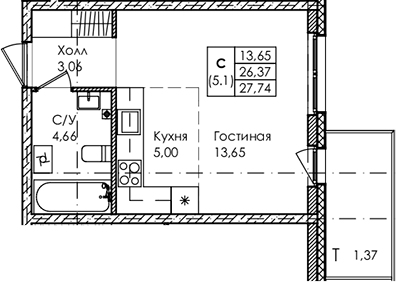 Планировка — Лисино, Студия, 26 м²
