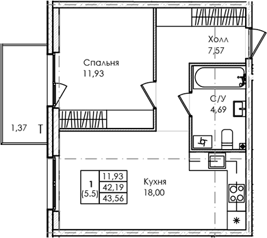 Планировка — Лисино, 2-комн., 42 м²