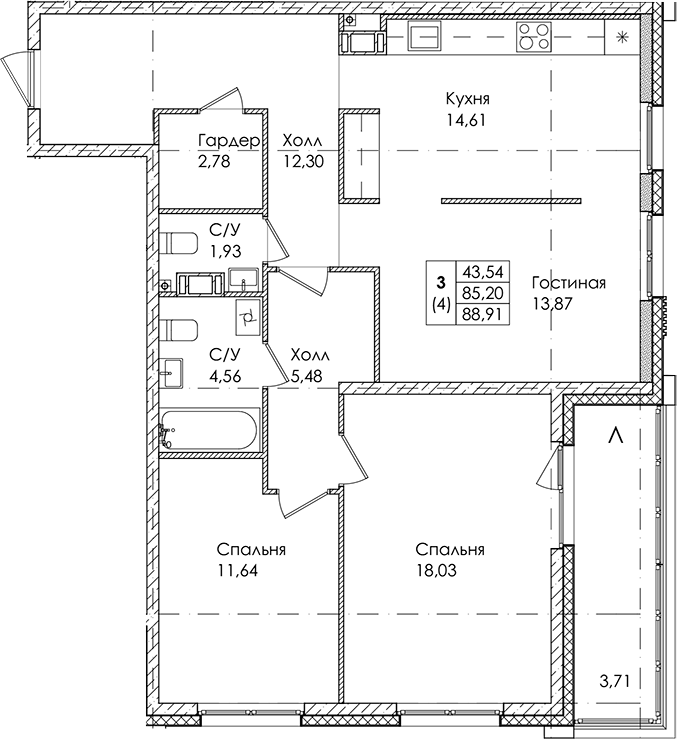 Планировка — Лисино, 3-комн., 85 м²