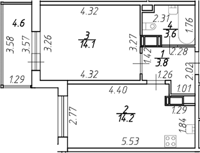 Планировка — Полис ЛАВрики, 2-комн., 36 м²