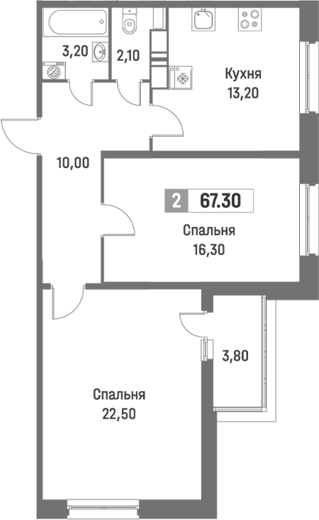 Планировка — Фотограф, 2-комн., 65 м²