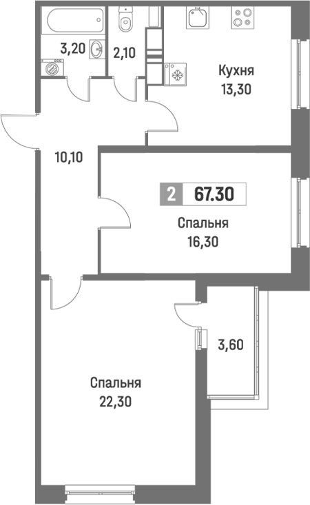 Планировка — Фотограф, 2-комн., 66 м²