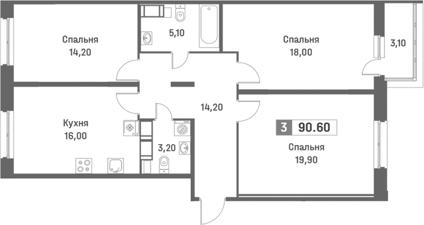 Планировка — Фотограф, 4-комн., 91 м²