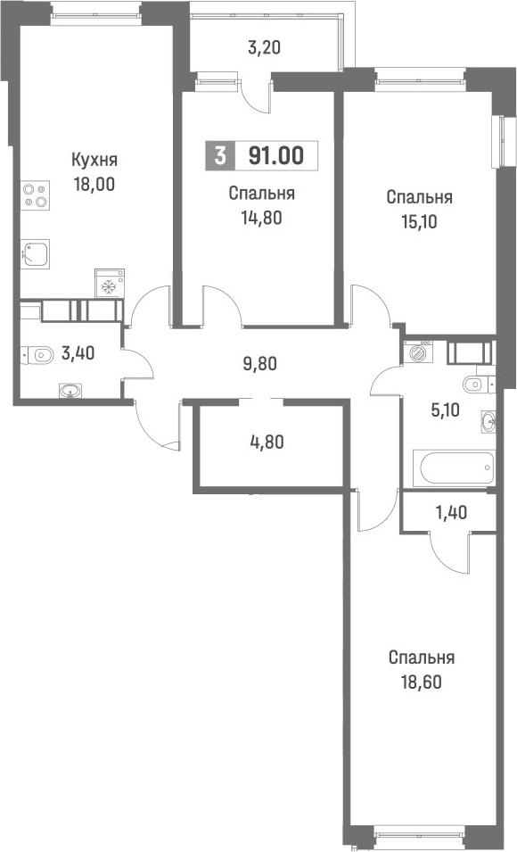 Планировка — Фотограф, 4-комн., 89 м²